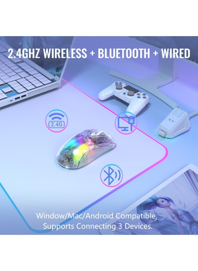 هجوم القرش ماوس ألعاب لاسلكي مع قاعدة شحن RGB X2 Pro، ماوس ألعاب كمبيوتر ثلاثي الأوضاع 2.4 جيجاهرتز/بلوتوث/سلكي، ماوس صامت بإضاءة خلفية RGB، غلاف شفاف، PixArt 3212 4000 نقطة في البوصة، لنظامي التشغيل Windows وMAC - أبيض - Image 3