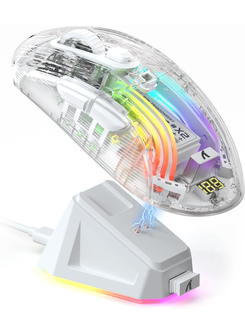 هجوم القرش ماوس ألعاب لاسلكي مع قاعدة شحن RGB X2 Pro، ماوس ألعاب كمبيوتر ثلاثي الأوضاع 2.4 جيجاهرتز/بلوتوث/سلكي، ماوس صامت بإضاءة خلفية RGB، غلاف شفاف، PixArt 3212 4000 نقطة في البوصة، لنظامي التشغيل Windows وMAC - أبيض - Image 1