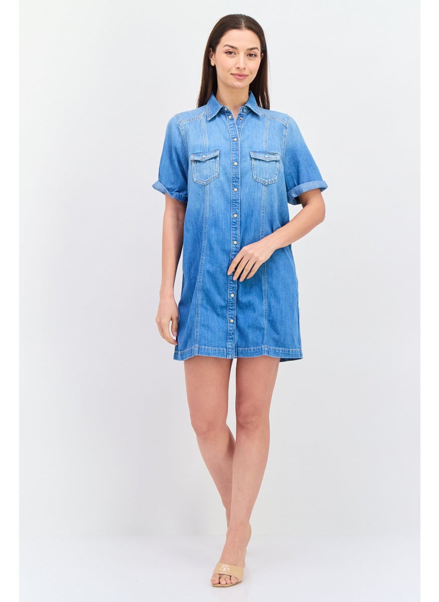 Pepe Jeans - Women Regular Fit Washed Denim Shirt Dress, Blue - Image 1