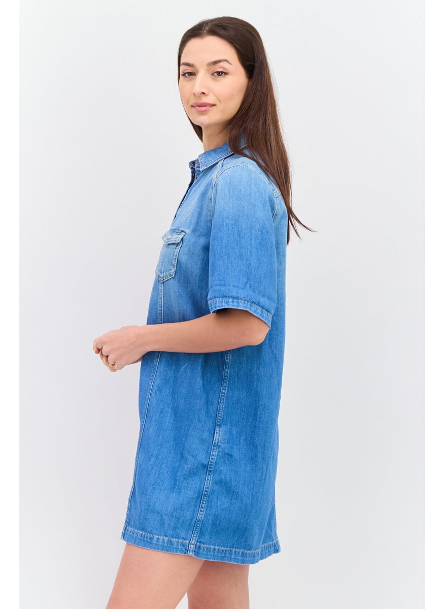 Pepe Jeans - Women Regular Fit Washed Denim Shirt Dress, Blue - Image 1
