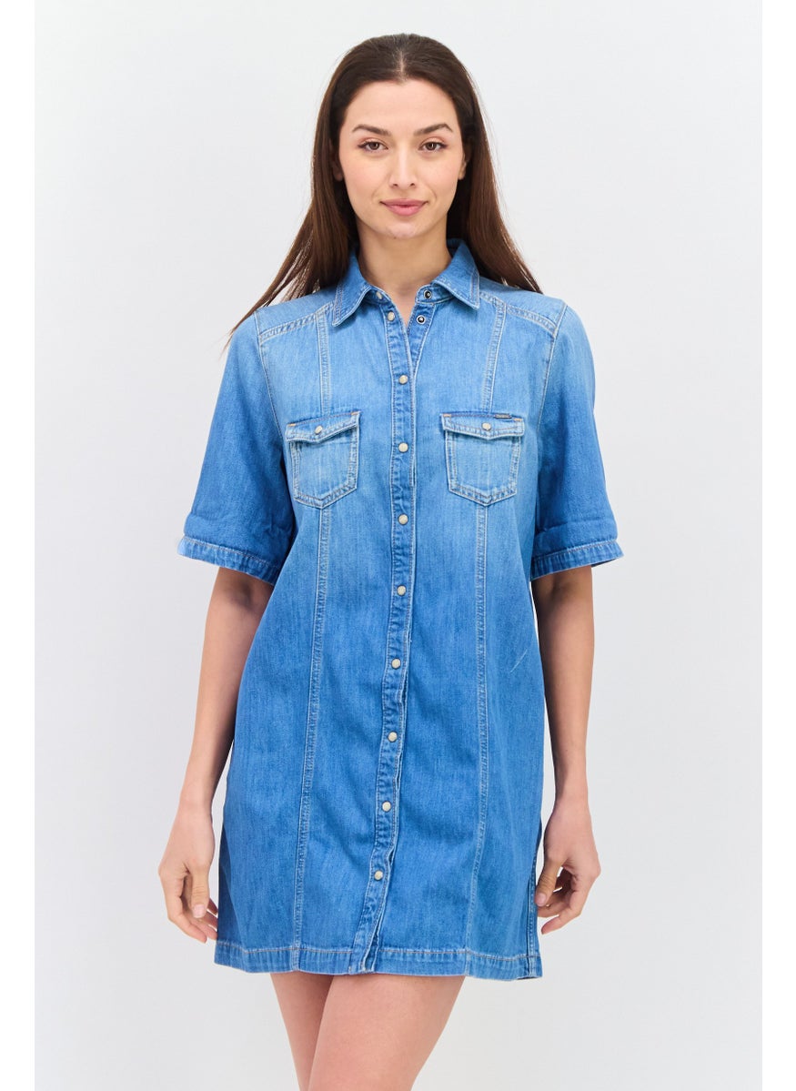 Pepe Jeans - Women Regular Fit Washed Denim Shirt Dress, Blue - Image 1