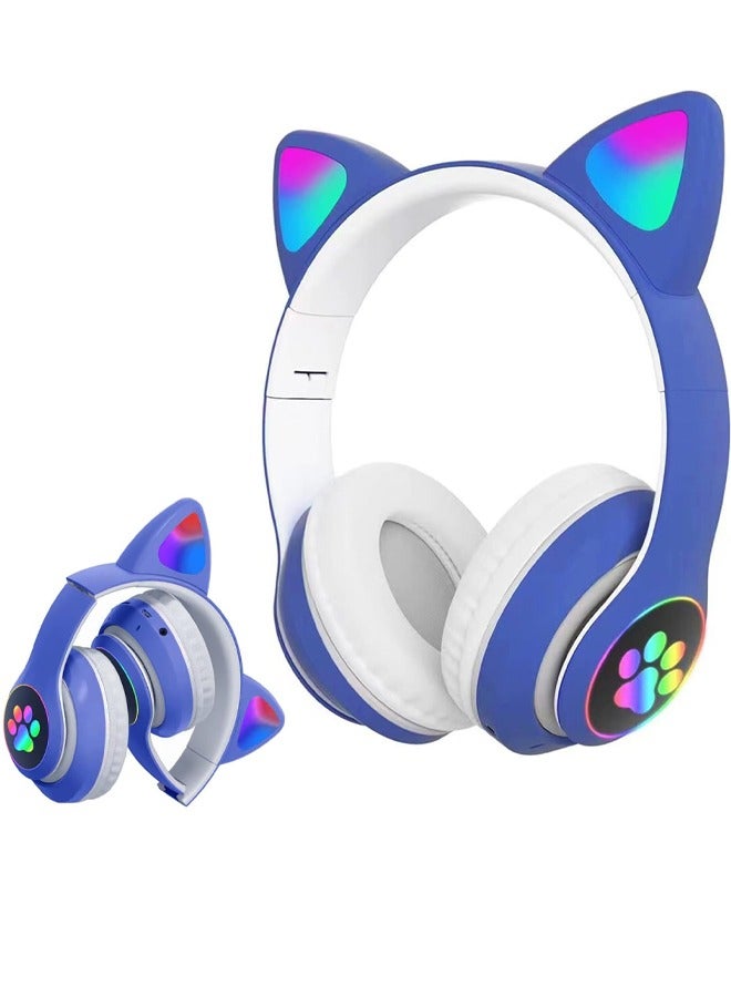 Cat Ear Wired/Wireless Bluetooth Headphones with Microphone for Kids Light Up Bluetooth Foldable Headphones for Fun and Safe Listening Blue - Image 1
