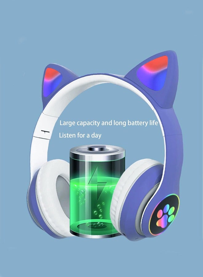 Cat Ear Wired/Wireless Bluetooth Headphones with Microphone for Kids Light Up Bluetooth Foldable Headphones for Fun and Safe Listening Blue - Image 3