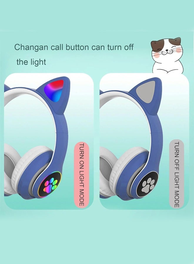Cat Ear Wired/Wireless Bluetooth Headphones with Microphone for Kids Light Up Bluetooth Foldable Headphones for Fun and Safe Listening Blue - Image 2