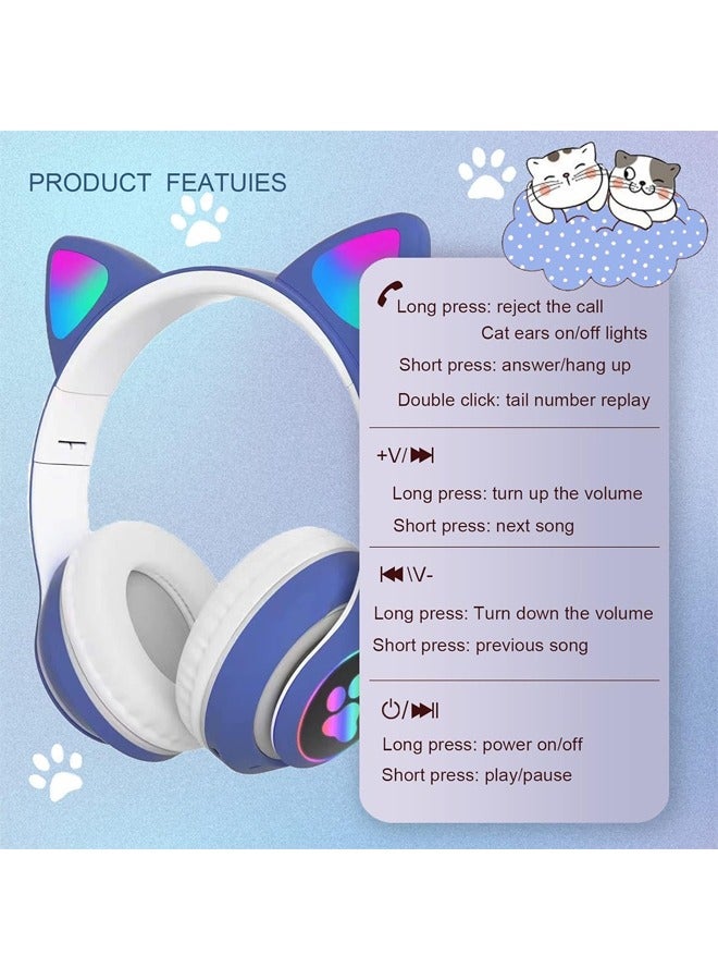 Cat Ear Wired/Wireless Bluetooth Headphones with Microphone for Kids Light Up Bluetooth Foldable Headphones for Fun and Safe Listening Blue - Image 4
