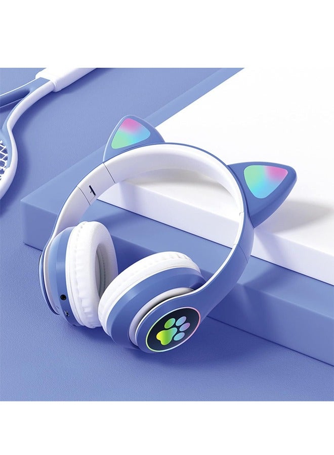 Cat Ear Wired/Wireless Bluetooth Headphones with Microphone for Kids Light Up Bluetooth Foldable Headphones for Fun and Safe Listening Blue - Image 5