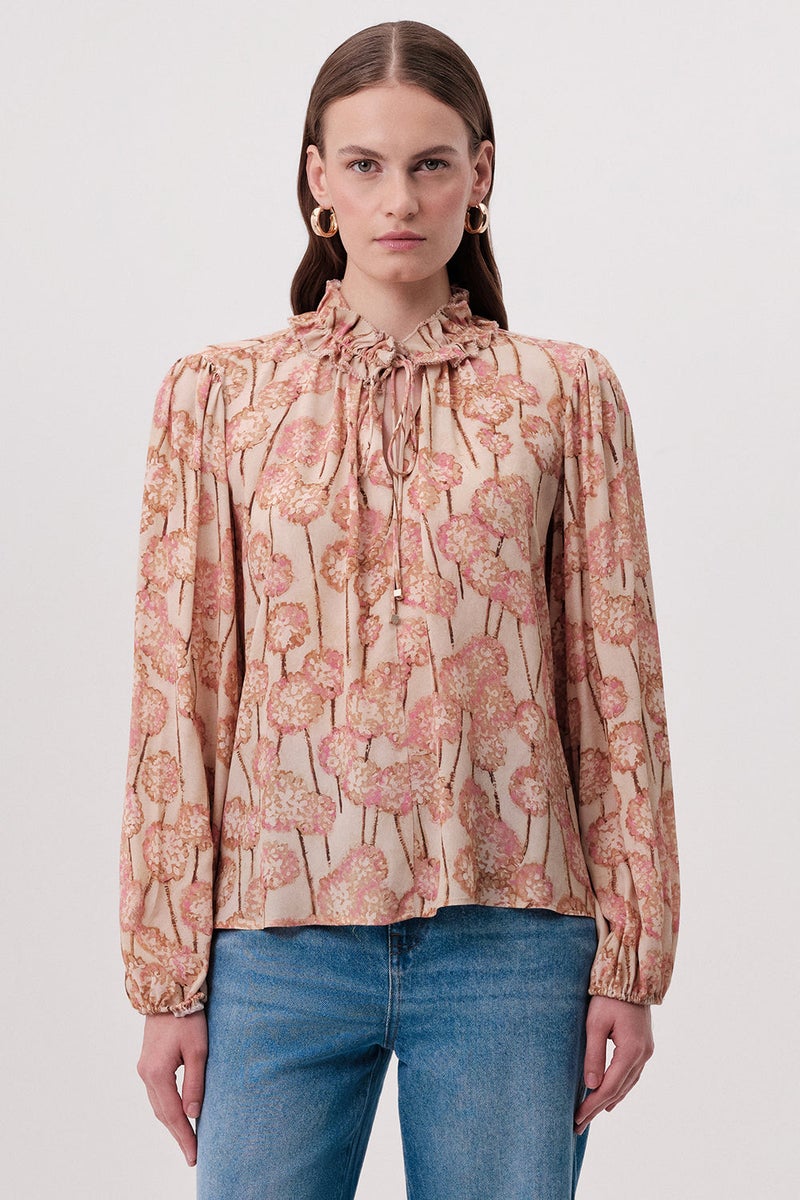 EXQUISE Regular-fit, multicolored blouse with decorative stitching, elasticated neckline, and drawstring. - Image 1