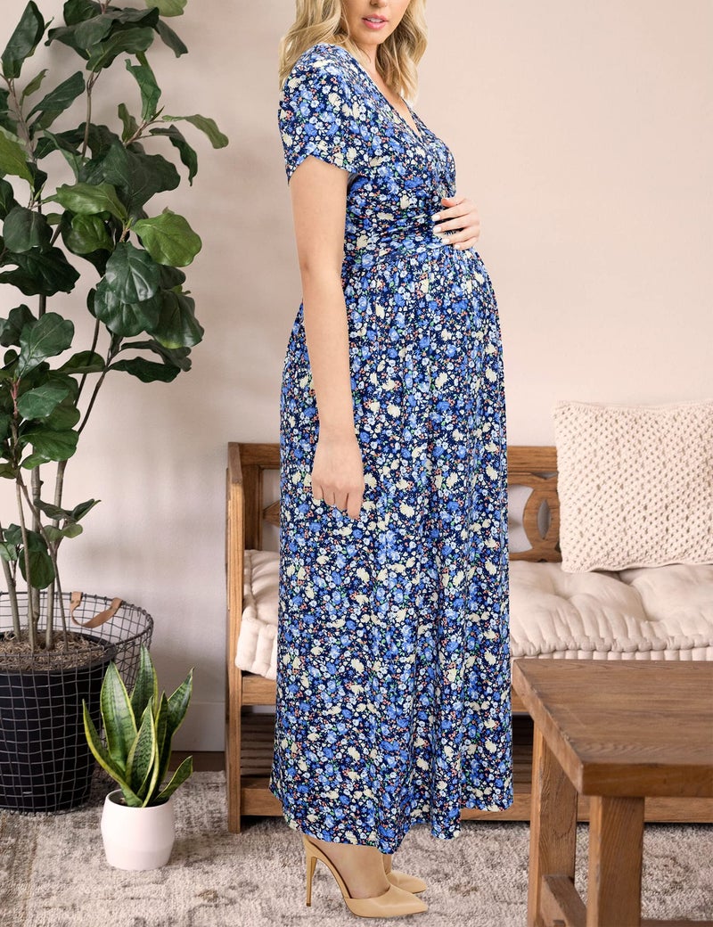 OUGES Maternity Maxi Dress Wrap Baby Shower Pregnancy Dresses for Photoshoot Maternity Outfits Summer Clothes 2026(Floral-4, Large) - Image 4