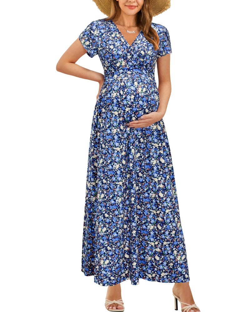 OUGES Maternity Maxi Dress Wrap Baby Shower Pregnancy Dresses for Photoshoot Maternity Outfits Summer Clothes 2026(Floral-4, Large) - Image 1