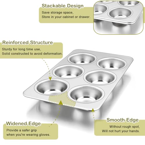 P&P CHEF Muffin Pan Cupcake Baking Pan Set, Stainless Steel Muffin Tin Tray for Mini Cake Tart Quiche, Oven & Dishwasher Safe, Non-toxic & Heavy-duty, (6 Cup, 1Pc) - Image 3
