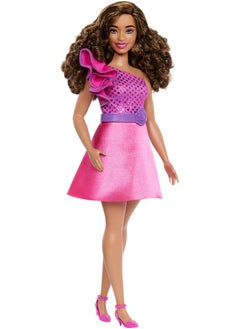 Barbie Doll Mattel Inc. BARBIE FASHIONISTAS DOLL #225, CURVY WITH BROWN HAIR, PINK SPARKLY DRESS, 65TH ANNIVERSARY 