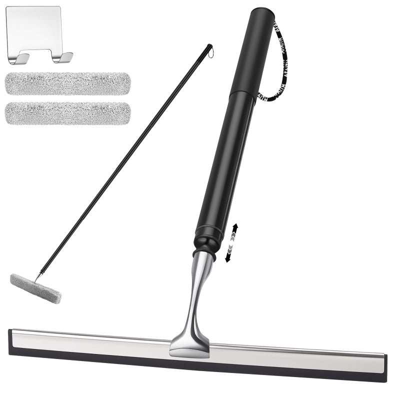 SLIIMU 17 60 Metal Squeegee with Extension Pole for WindowGlass DoorMirror 12 Wide Telescopic Shower Squeegee Cleaner with Long Handle 60 Telescopic Pole Squeegee - Image 2