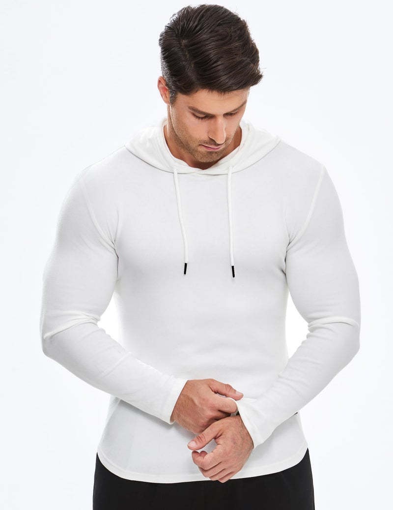 JMIERR Men's Fleece Hoodies Muscle Long Sleeve T Shirts Casual Early Fall Fashion Gym Workout Athletic Longline Hooded Sweatshirt Pullover, US40(M), White - Image 4