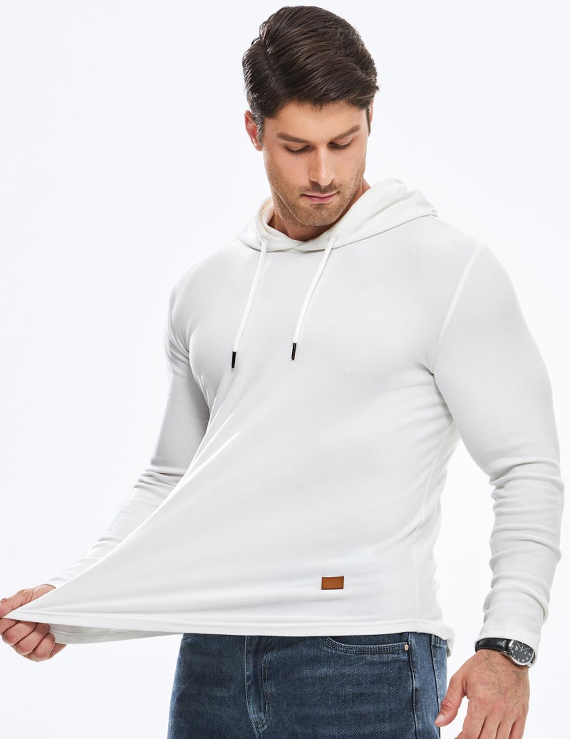 JMIERR Men's Fleece Hoodies Muscle Long Sleeve T Shirts Casual Early Fall Fashion Gym Workout Athletic Longline Hooded Sweatshirt Pullover, US40(M), White - Image 3