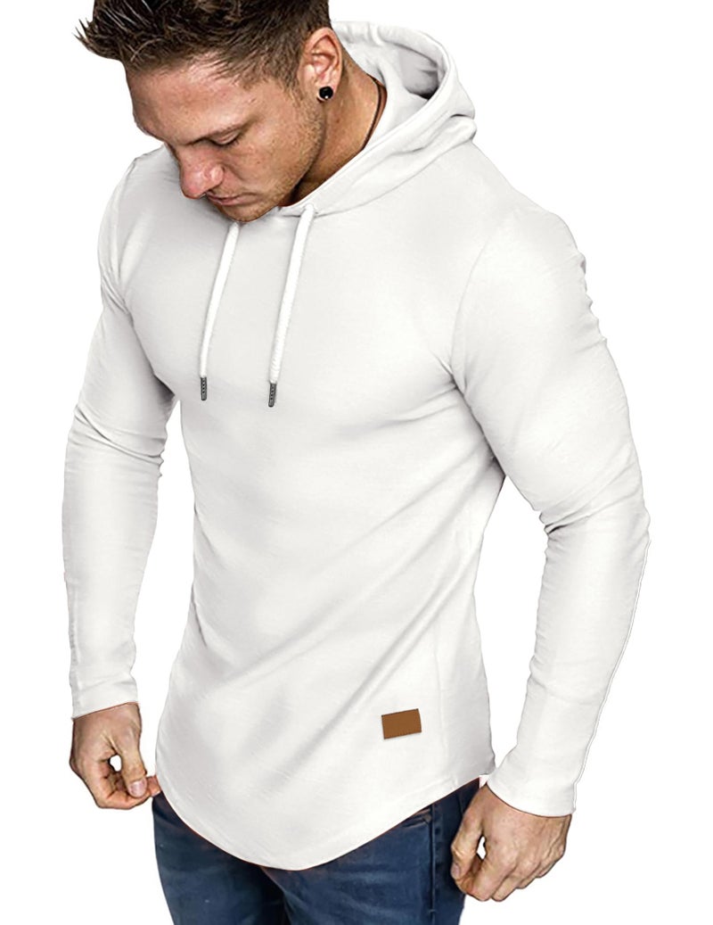 JMIERR Men's Fleece Hoodies Muscle Long Sleeve T Shirts Casual Early Fall Fashion Gym Workout Athletic Longline Hooded Sweatshirt Pullover, US40(M), White - Image 1