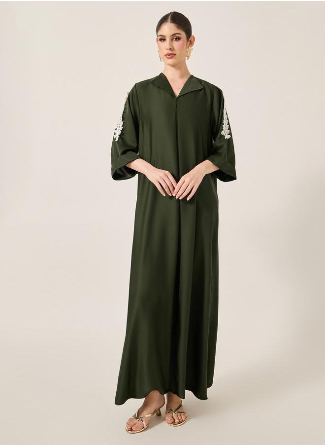 Styli - Lace Detail Embroidered A-Line Belted Jalabyia - Image 1