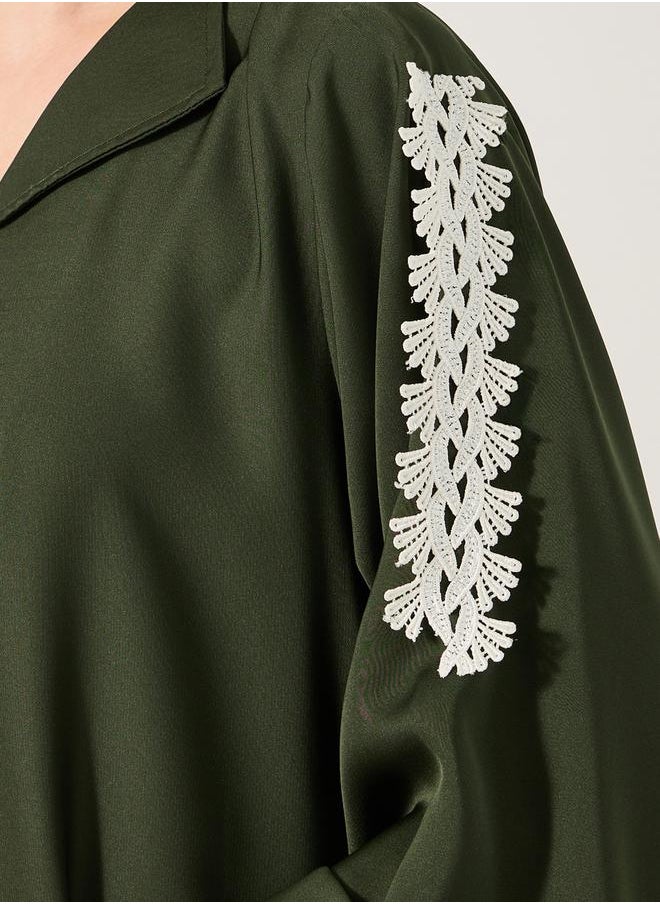 Styli - Lace Detail Embroidered A-Line Belted Jalabyia - Image 1