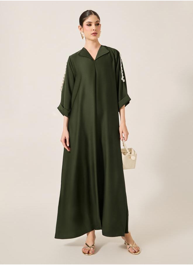 Styli - Lace Detail Embroidered A-Line Belted Jalabyia - Image 1