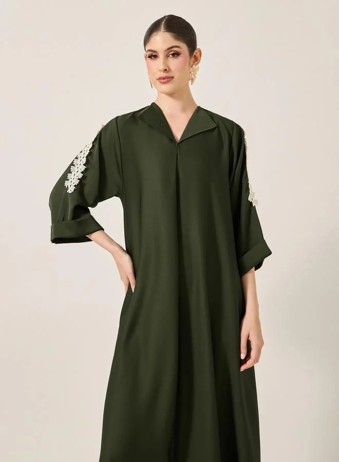 Styli Lace Detail Embroidered A-Line Belted Jalabyia