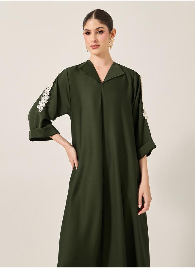 Styli - Lace Detail Embroidered A-Line Belted Jalabyia - Image 1