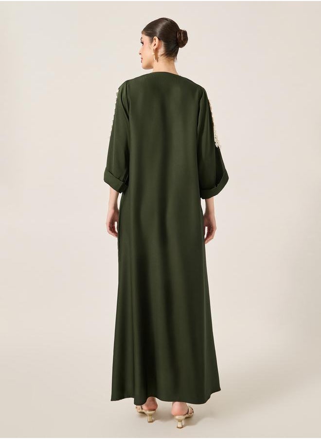Styli - Lace Detail Embroidered A-Line Belted Jalabyia - Image 1