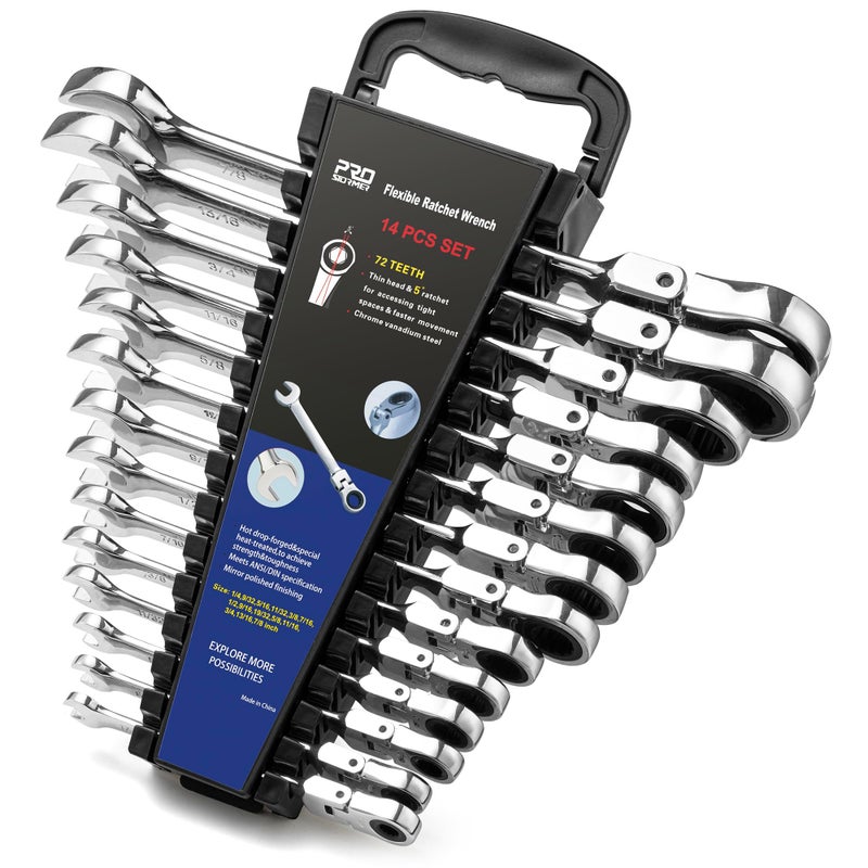 Prostormer Flex Head Ratcheting Wrench Set, SAE 1/4"-7/8",14-Piece Chrome Vanadium Steel Combination Wrench Set with Wrench Rack - Image 1