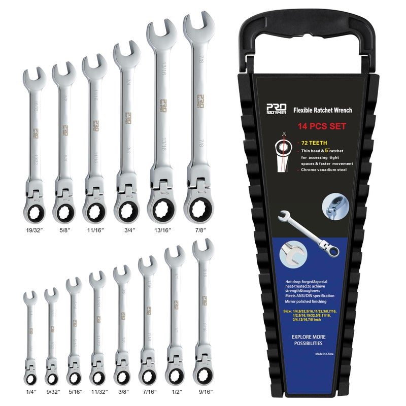Prostormer Flex Head Ratcheting Wrench Set, SAE 1/4"-7/8",14-Piece Chrome Vanadium Steel Combination Wrench Set with Wrench Rack - Image 3