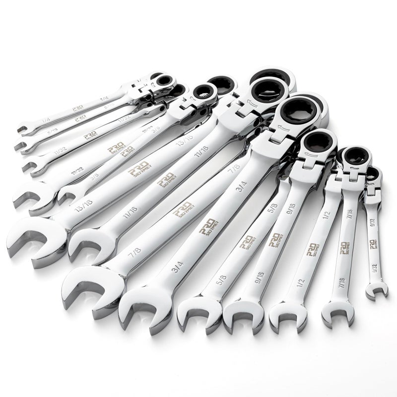 Prostormer Flex Head Ratcheting Wrench Set, SAE 1/4"-7/8",14-Piece Chrome Vanadium Steel Combination Wrench Set with Wrench Rack - Image 2