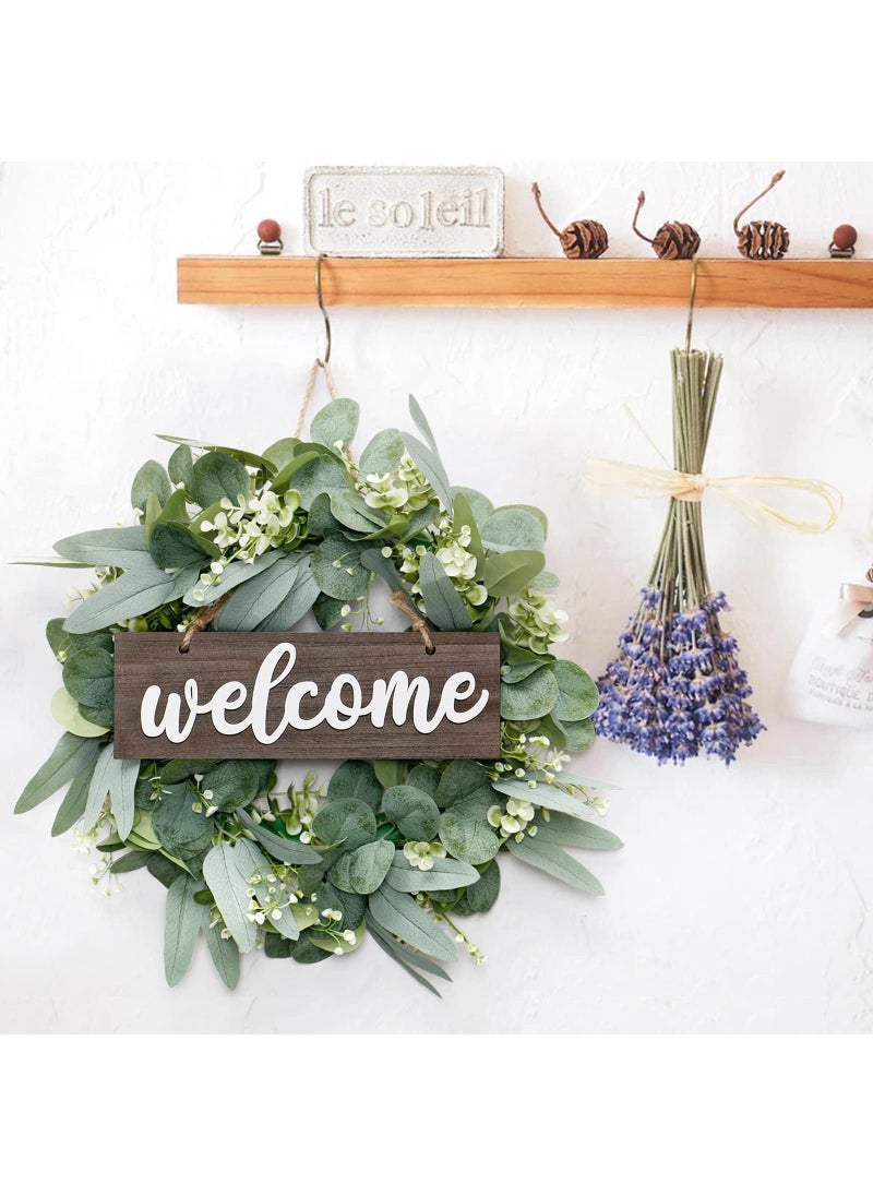 Y&D - Welcome Sign With Wreaths Rustic Front Door Decor Wood Hanging Artificial Eucalyptus Farmhouse Porch Decorations For Home Wedding Gift Festival Ornaments Home Decor Ideal Spring And Summer Decorating For Home Front Door And Window Outdoor Brown - Image 1