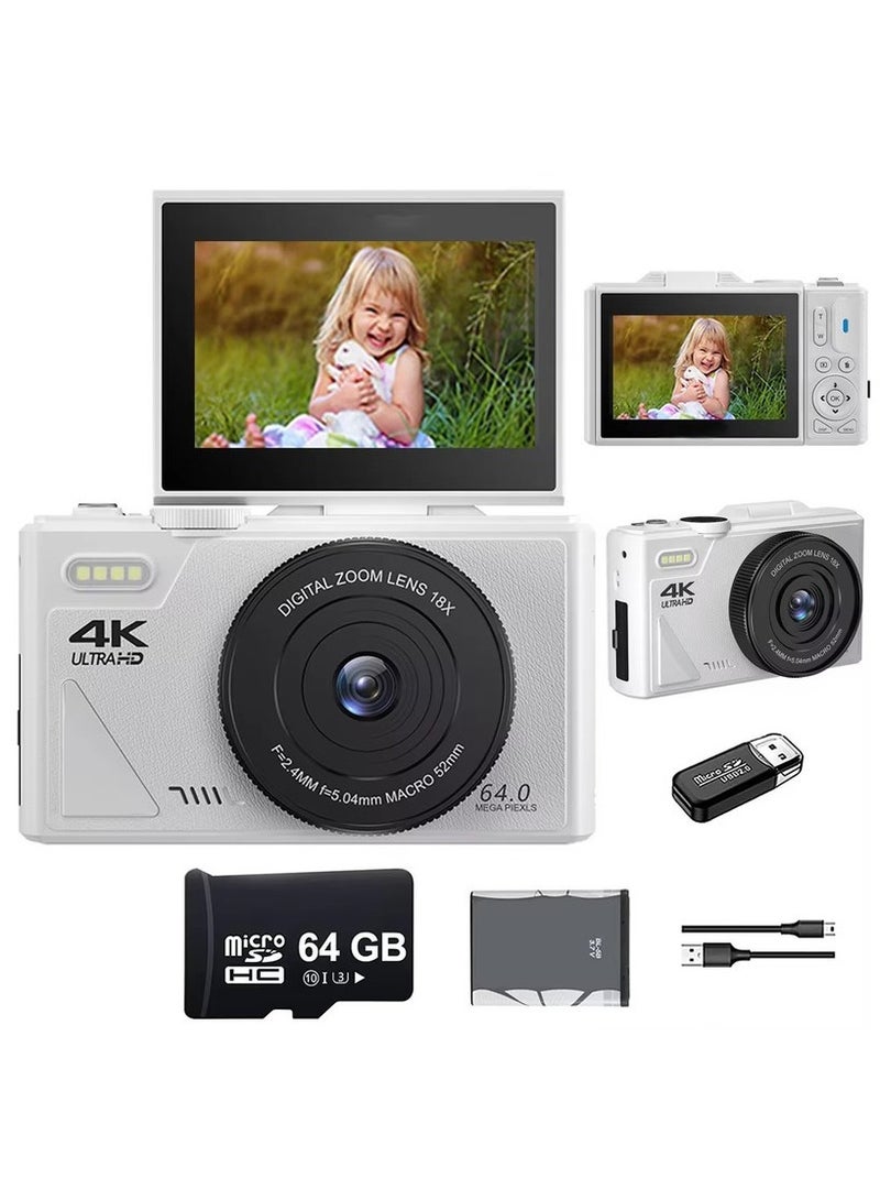 XiuWoo 64MP Digital Camera for Photography and Video 4K Autofocus Vlogging Camera for YouTube Compact Travel Webcam with 3 Inch Flip Screen and 64GB Card, 16X Zoom Digital Camera for Gift White - Image 1
