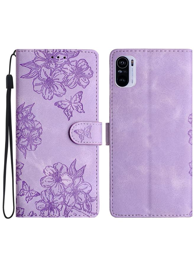 Case For Xiaomi Redmi K40 / K40 Pro Cherry Blossom Butterfly Skin Feel Embossed PU Phone Case