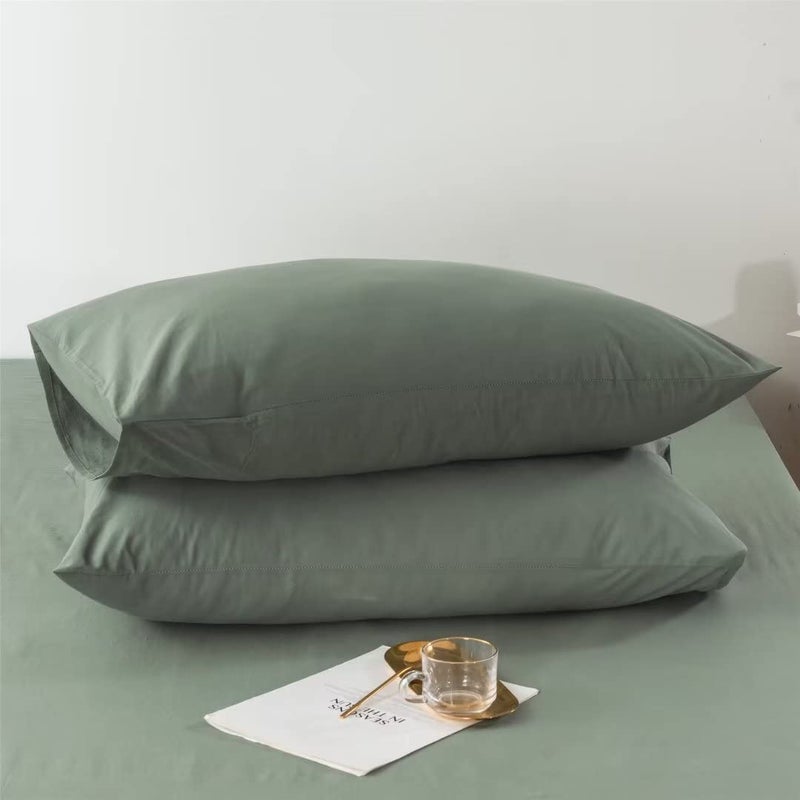 Ruccit 2 Pack Sage Green Pillowcases Washed Cotton Green Pillow Case Soft Plain Pillow Cover Standard Size with Envelope Closure50x75cm