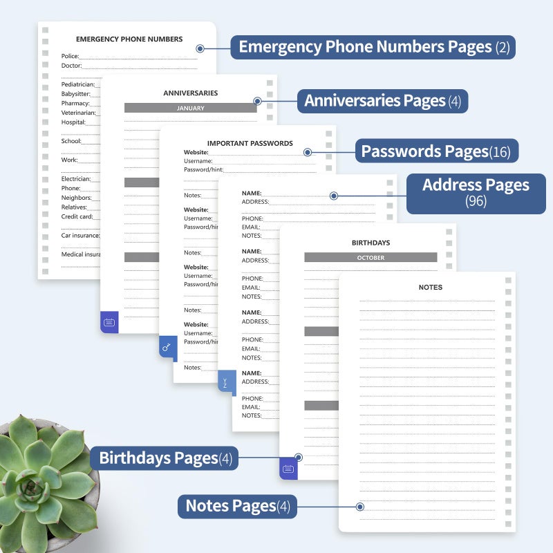 Blugool Address Book with Alphabetical Tabs-Address and Password Book for Seniors - Hardcover Spiral Bound Phone Book- Record Contacts, Website Login Passwords, Special Days -5.7" x 7.7", Navy Blue - Image 5