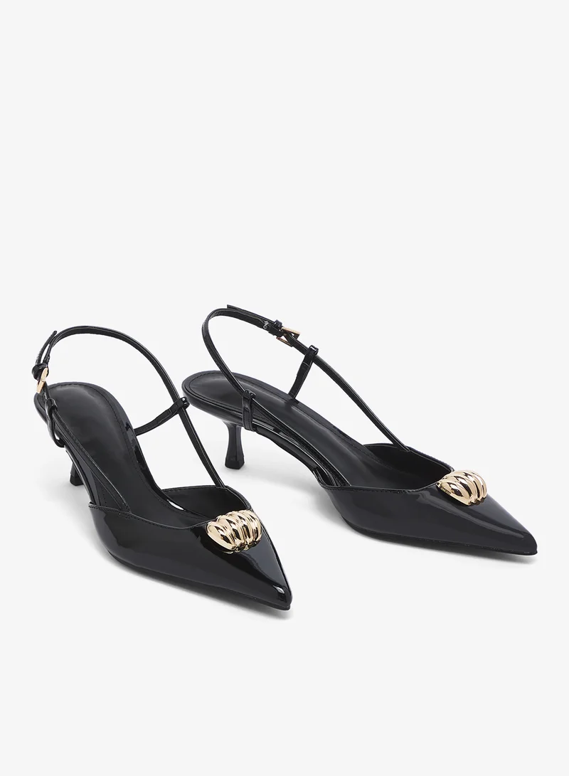 Ella Limited Edition Black Gold Accent Detailed Open Back Pump Mid Heel for Women | Best Price UAE