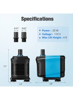 KEDSUM KEDSUM 320GPH Submersible Pump(1500L/H, 20W), Ultra Quiet Water Pump with 4ft High Lift, Aquarium Pump with 6.5ft Power Cord, 2 Nozzles for Fish Tank, Pond, Aquarium, Statuary, Hydroponics  - Image 2