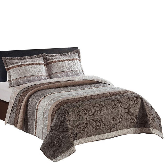 CALLISTO TAUPE REVERSIBLE COVERLETS QUEEN OVERSIZED 3PC QUILT SET 92INCH WIDE X 96INCH LONG LIGHTWEIGHT BEDSPREAD