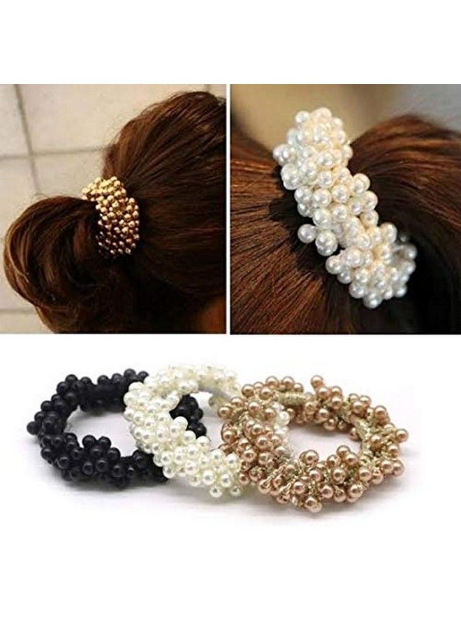 El Regalo Beaded Pearl Rope Hair Band Rubber Hair Accessories ; Imitation Pearls Beads Elastic Fancy Rubber Band Ties Ponytail Holder Scrunchy For Girls & Women (Set Of 3 Black+White+Coffee) - Image 3