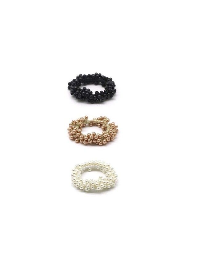 El Regalo Beaded Pearl Rope Hair Band Rubber Hair Accessories ; Imitation Pearls Beads Elastic Fancy Rubber Band Ties Ponytail Holder Scrunchy For Girls & Women (Set Of 3 Black+White+Coffee) - Image 1