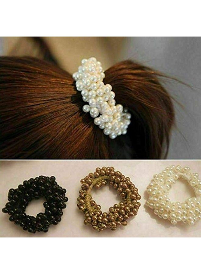 El Regalo Beaded Pearl Rope Hair Band Rubber Hair Accessories ; Imitation Pearls Beads Elastic Fancy Rubber Band Ties Ponytail Holder Scrunchy For Girls & Women (Set Of 3 Black+White+Coffee) - Image 2