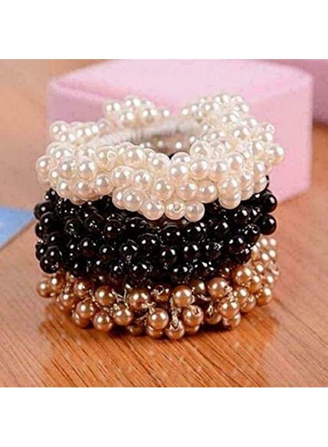 El Regalo Beaded Pearl Rope Hair Band Rubber Hair Accessories ; Imitation Pearls Beads Elastic Fancy Rubber Band Ties Ponytail Holder Scrunchy For Girls & Women (Set Of 3 Black+White+Coffee) - Image 4