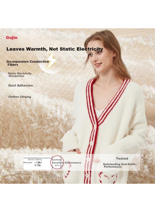 Gujin Women's Autumn Winter Half-side Coral Fleece Thick Plush Heart Pocket Cardigan Warm Homewear Outerwear Pajamas - Image 2