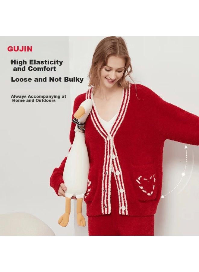 Gujin Women's Autumn Winter Half-side Coral Fleece Thick Plush Heart Pocket Cardigan Warm Homewear Outerwear Pajamas - Image 1