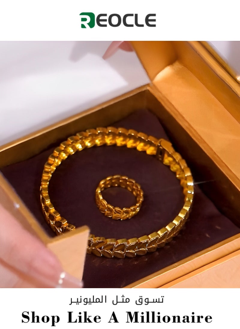 REOCLE - Women's 2pcs Jewelry Set Gold Plated Bracelet & Open Adjustable Ring with Wheat Weave Style Jewelry Gift for Wedding & Birthday Day - Image 1