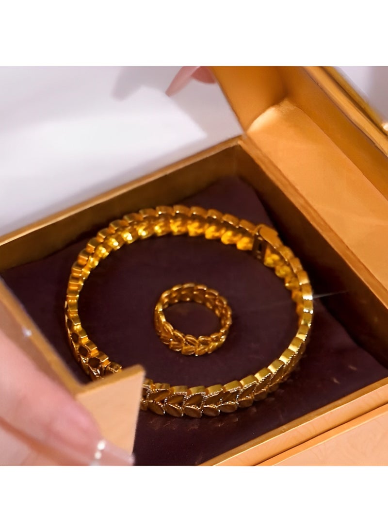 REOCLE - Women's 2pcs Jewelry Set Gold Plated Bracelet & Open Adjustable Ring with Wheat Weave Style Jewelry Gift for Wedding & Birthday Day - Image 1
