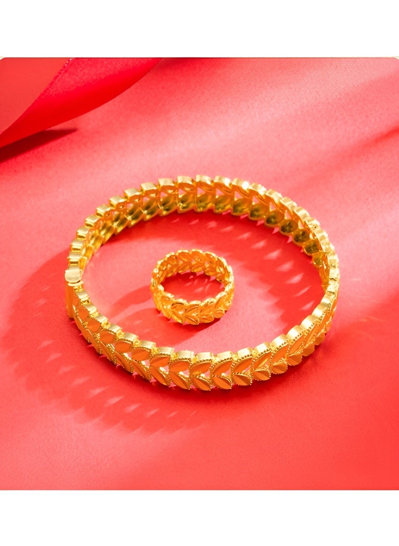 REOCLE - Women's 2pcs Jewelry Set Gold Plated Bracelet & Open Adjustable Ring with Wheat Weave Style Jewelry Gift for Wedding & Birthday Day - Image 1
