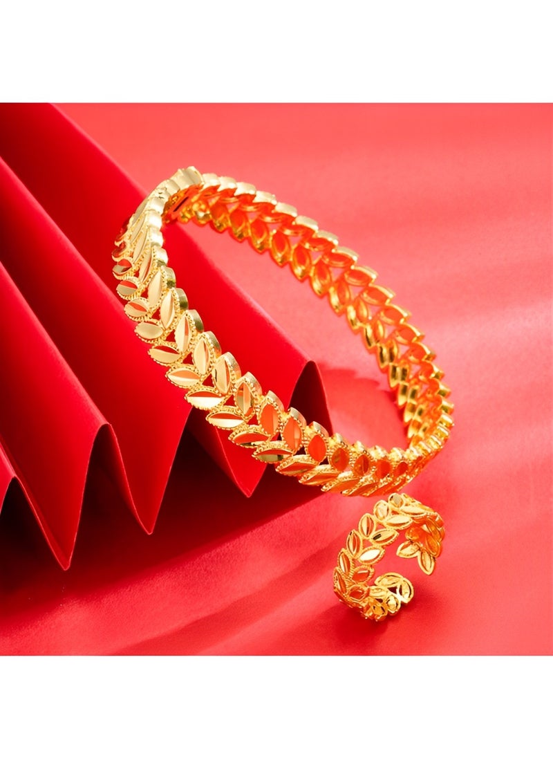 REOCLE - Women's 2pcs Jewelry Set Gold Plated Bracelet & Open Adjustable Ring with Wheat Weave Style Jewelry Gift for Wedding & Birthday Day - Image 1