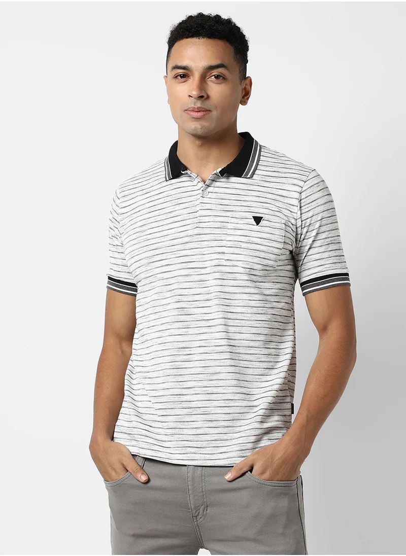 Campus Sutra Men's White Striped Regular Fit Casual T-Shirt