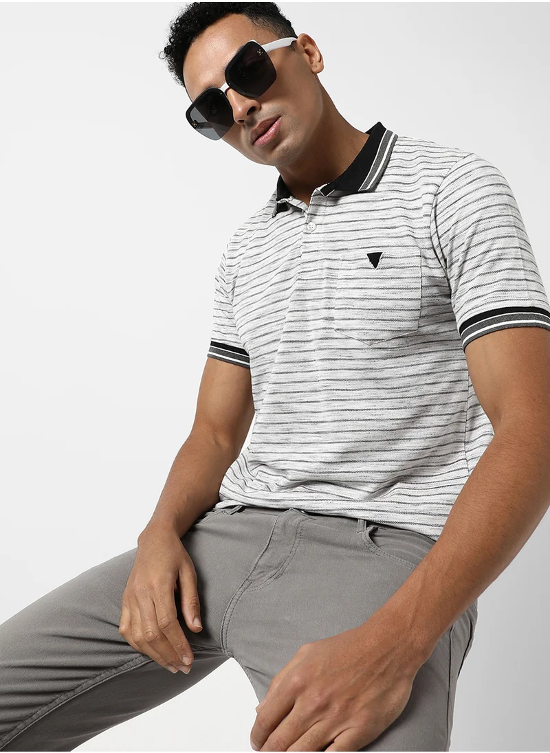 Campus Sutra Men's White Striped Regular Fit Casual T-Shirt