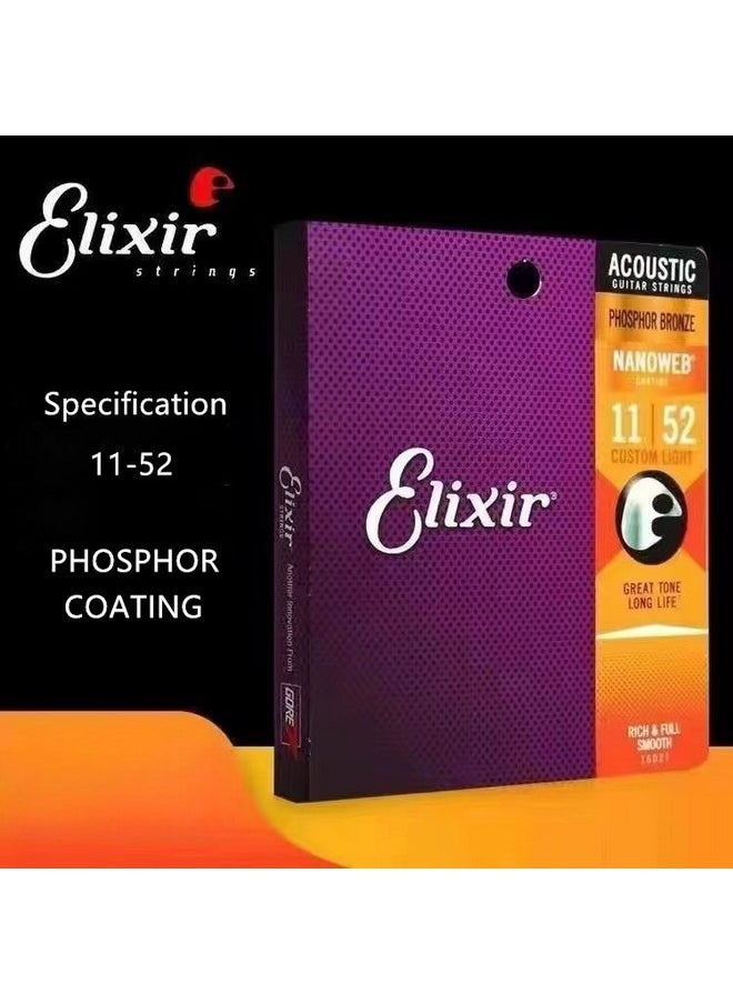 ELIXIR 6-piece Guitar String Set, Elixir Phosphor Bronze Coated String Kit for Folk Guitar, Model 11-52  - Image 1
