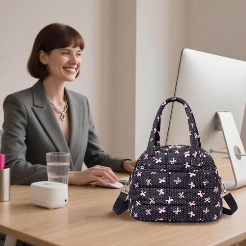 LEDAOU Lunch Box for Women Lunch bag Quilted Puffer Lunch Box Insulated Reusable LunchBox for Work School Picnic Travel (Pink Bow - Black) - Image 5